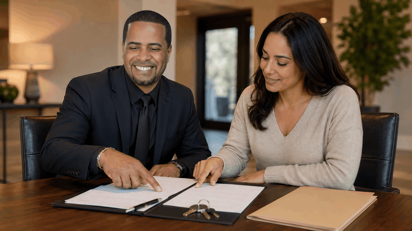 Johnny Rodriguez reviewing blank short sale closing paperwork and relocation assistance folder with a homeowner.