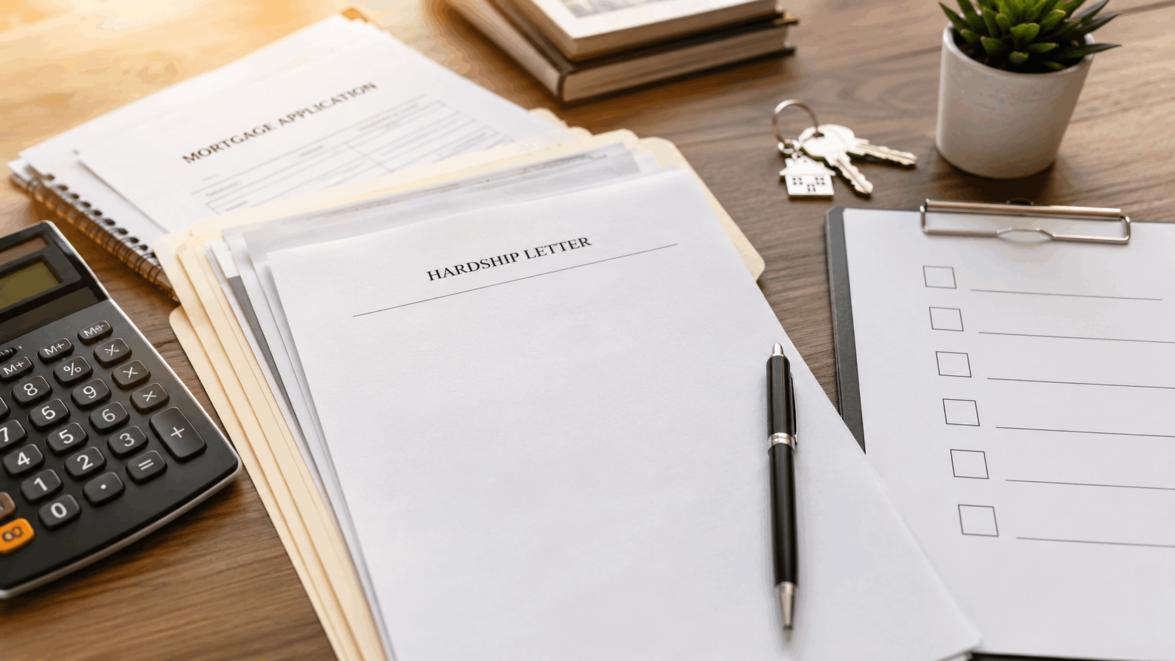 Organized short sale document package with hardship letter, mortgage papers, calculator, house keys, and checklist.