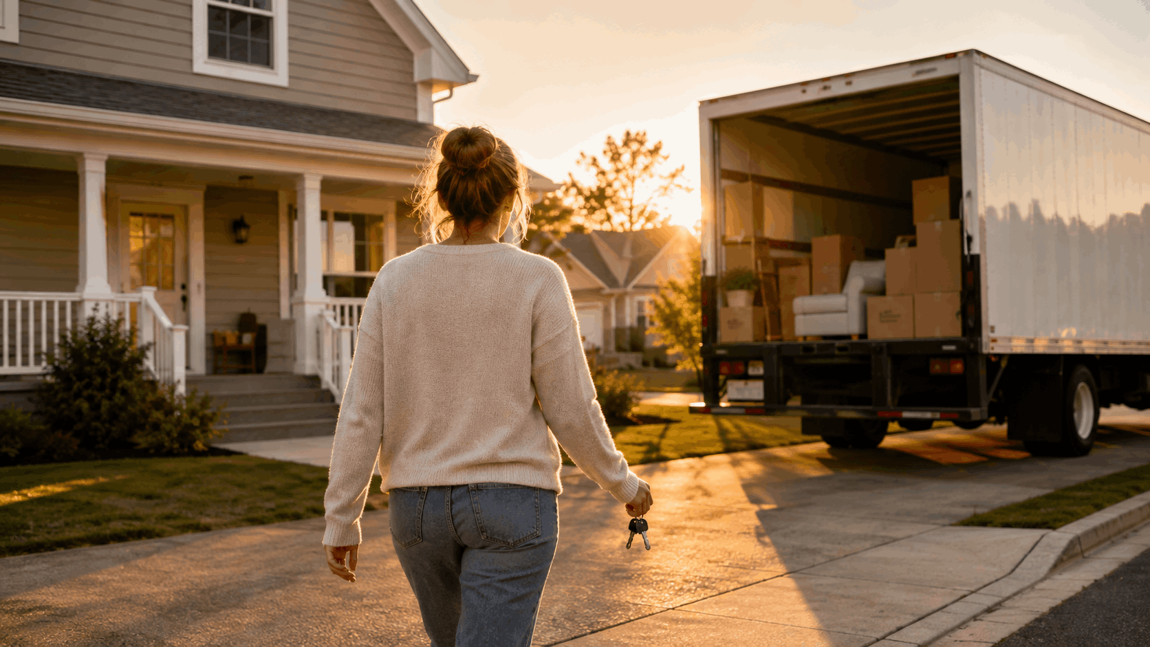 Hopeful homeowner holding keys while walking toward a moving truck outside a North Jersey home after a short sale.