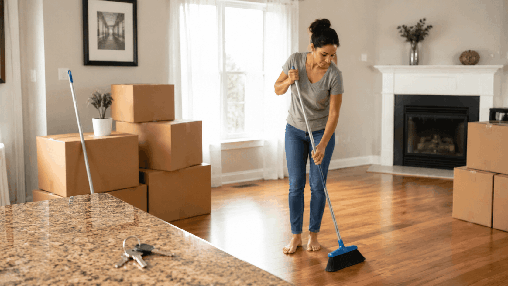 omeowner preparing a clean living room with moving boxes and keys for a smooth NJ short sale closing.