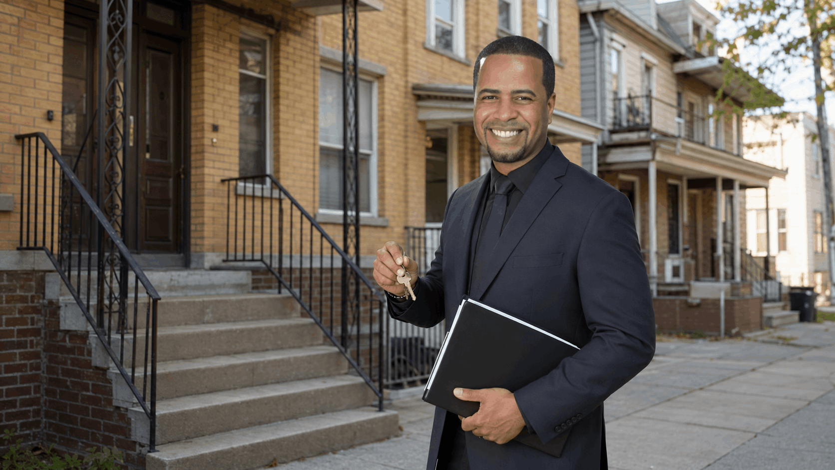 Johnny Rodriguez holding keys outside a Paterson NJ multifamily home as a trusted North Jersey real estate professional.