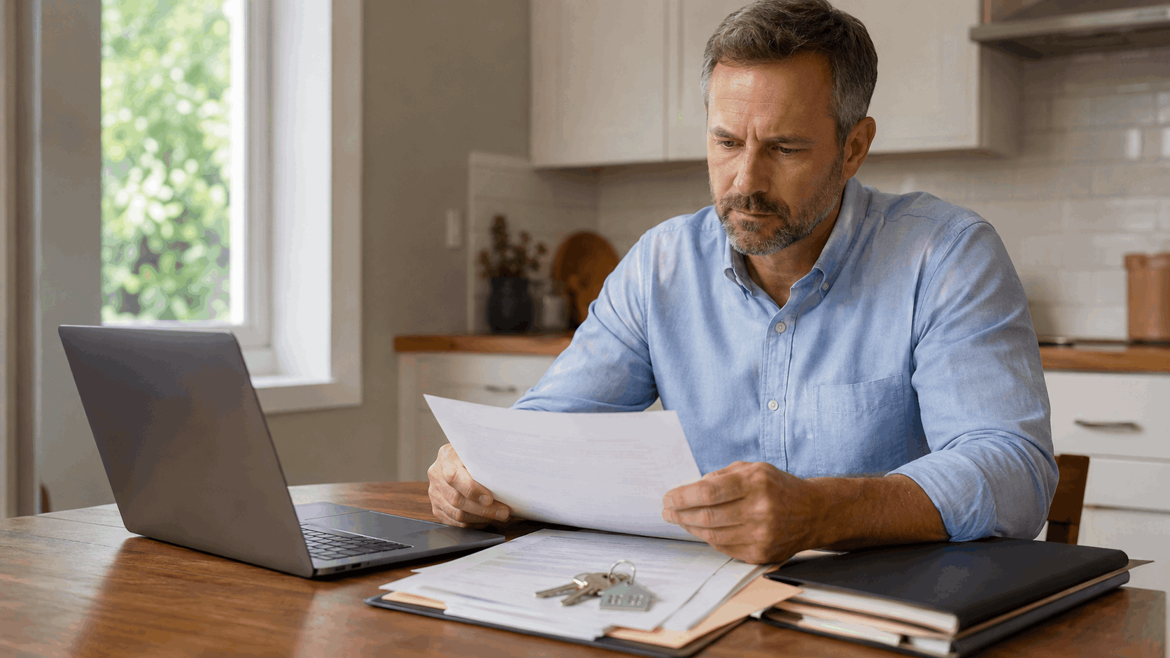 Executor reviewing NJ probate home documents with house keys and laptop at a kitchen table.