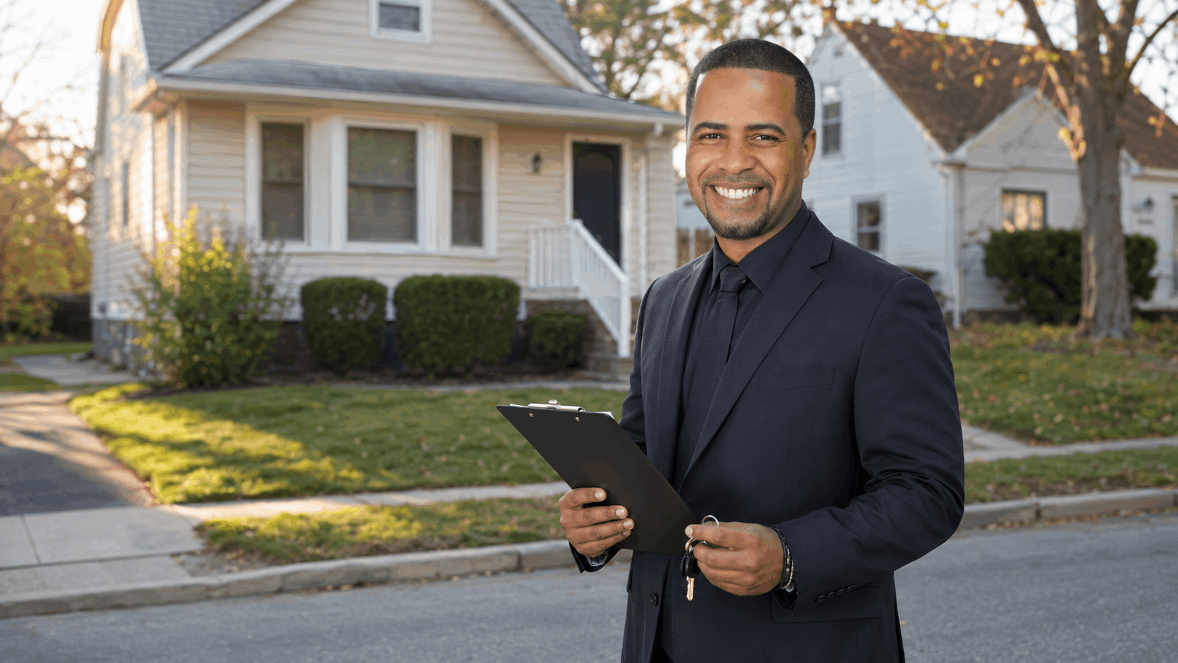 Latino NJ real estate professional standing outside a modest North Jersey home with clipboard and keys.