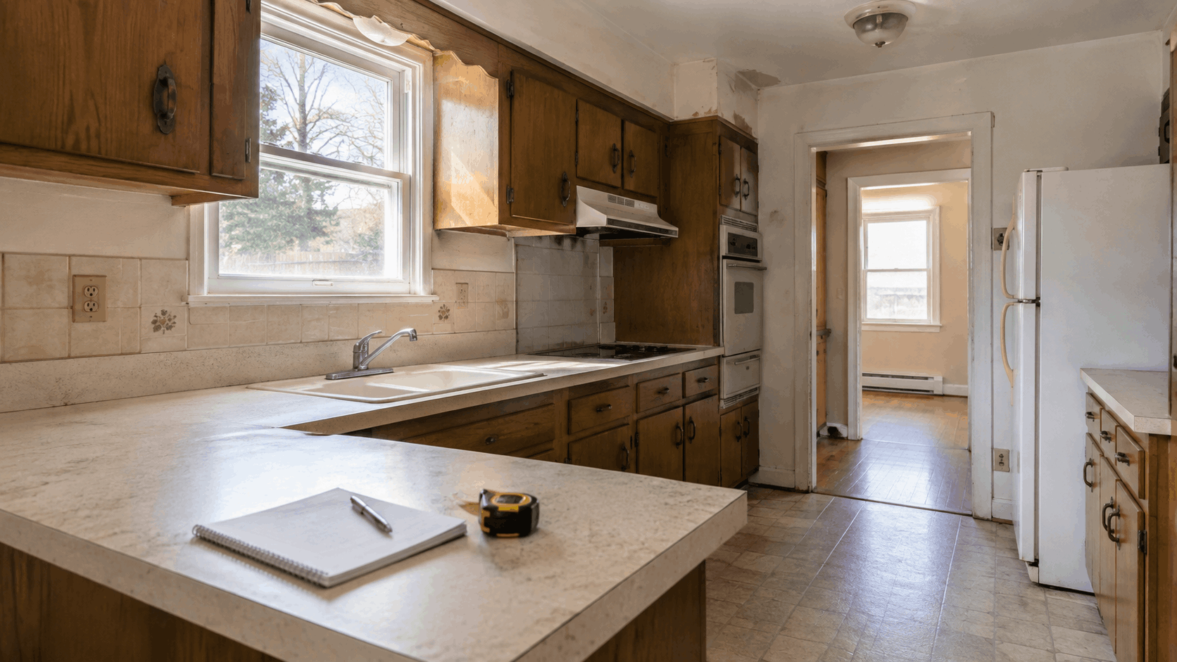 Dated NJ probate home kitchen with outdated cabinets, clean counters, and repair notes for an as-is sale.