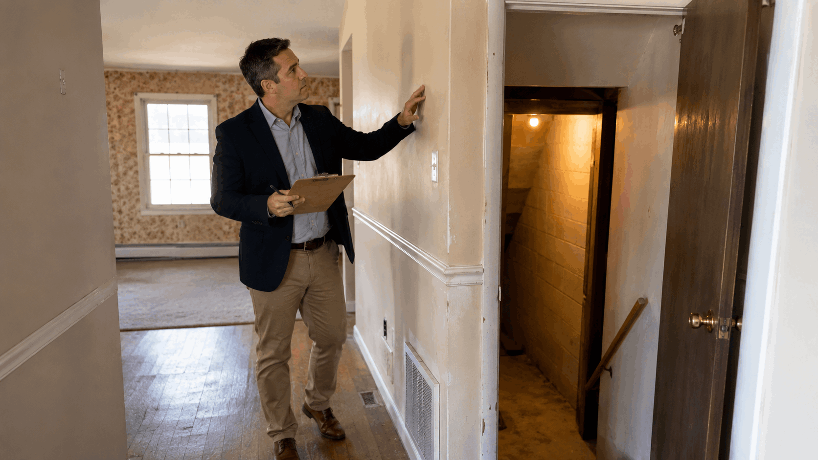 Real estate professional inspecting a dated NJ probate home with clipboard near the basement door.