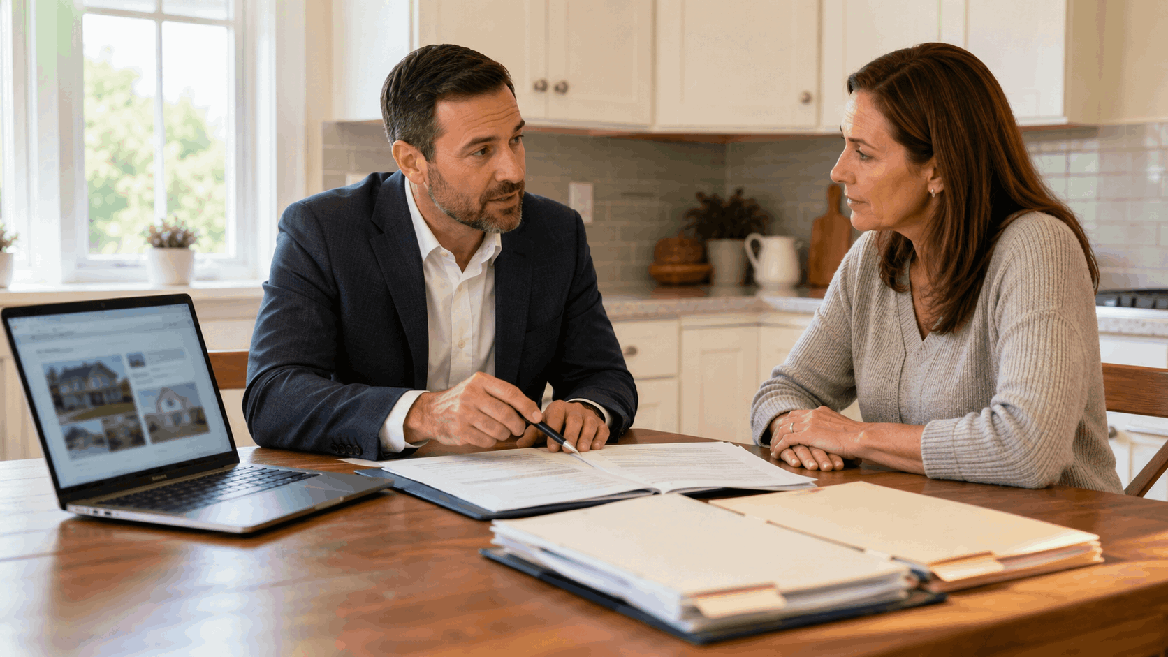 Real estate professional explaining the short sale process to a North Jersey homeowner at a kitchen table