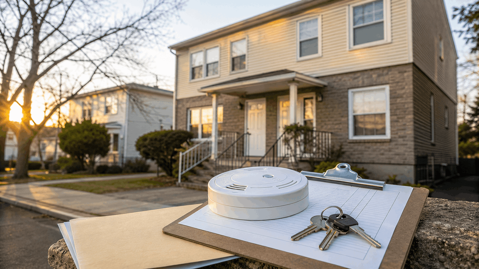 North Jersey multifamily home exterior with inspection clipboard, smoke detector, keys, and municipal folder for real estate compliance.