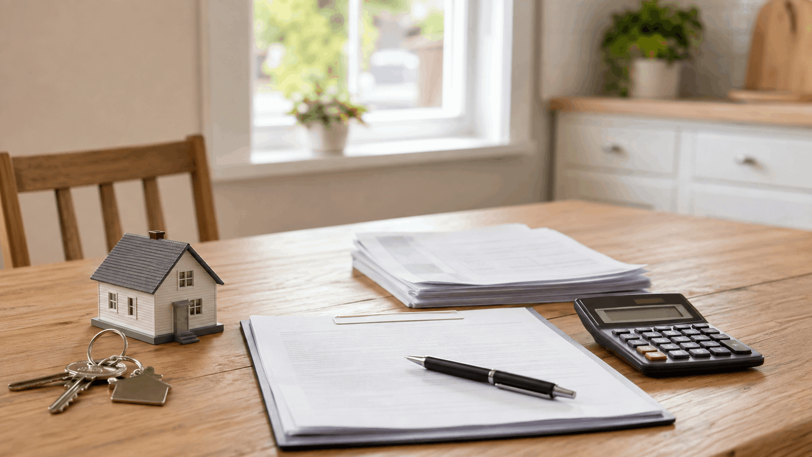 New Jersey short sale documents, house keys, calculator, and model home on a table explaining a home sold for less than the mortgage balance.