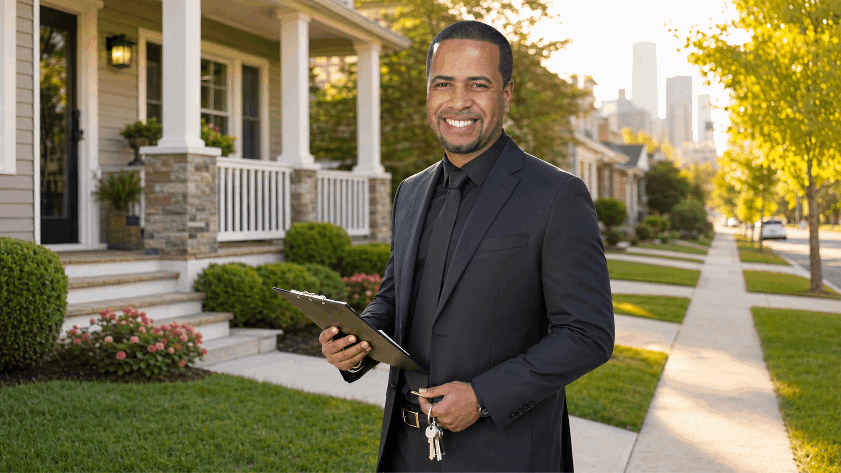 North Jersey real estate agent standing outside a home with clipboard and keys at golden hour