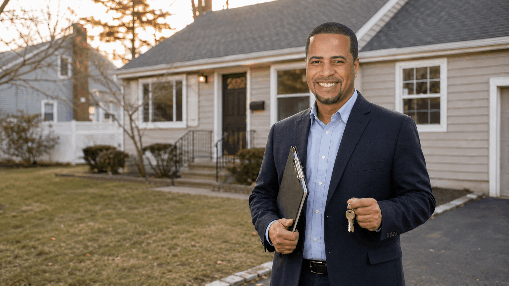 Latino North Jersey real estate professional standing outside a modest home with clipboard and keys at golden hour.