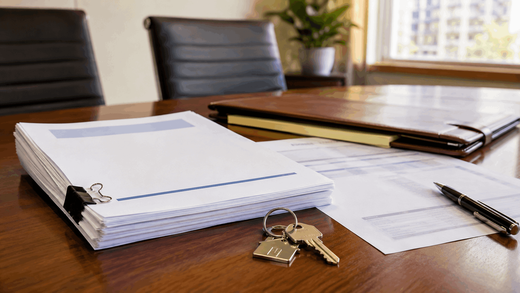 Short sale approval packet with house keys, settlement statement, and attorney folder on a real estate conference table.