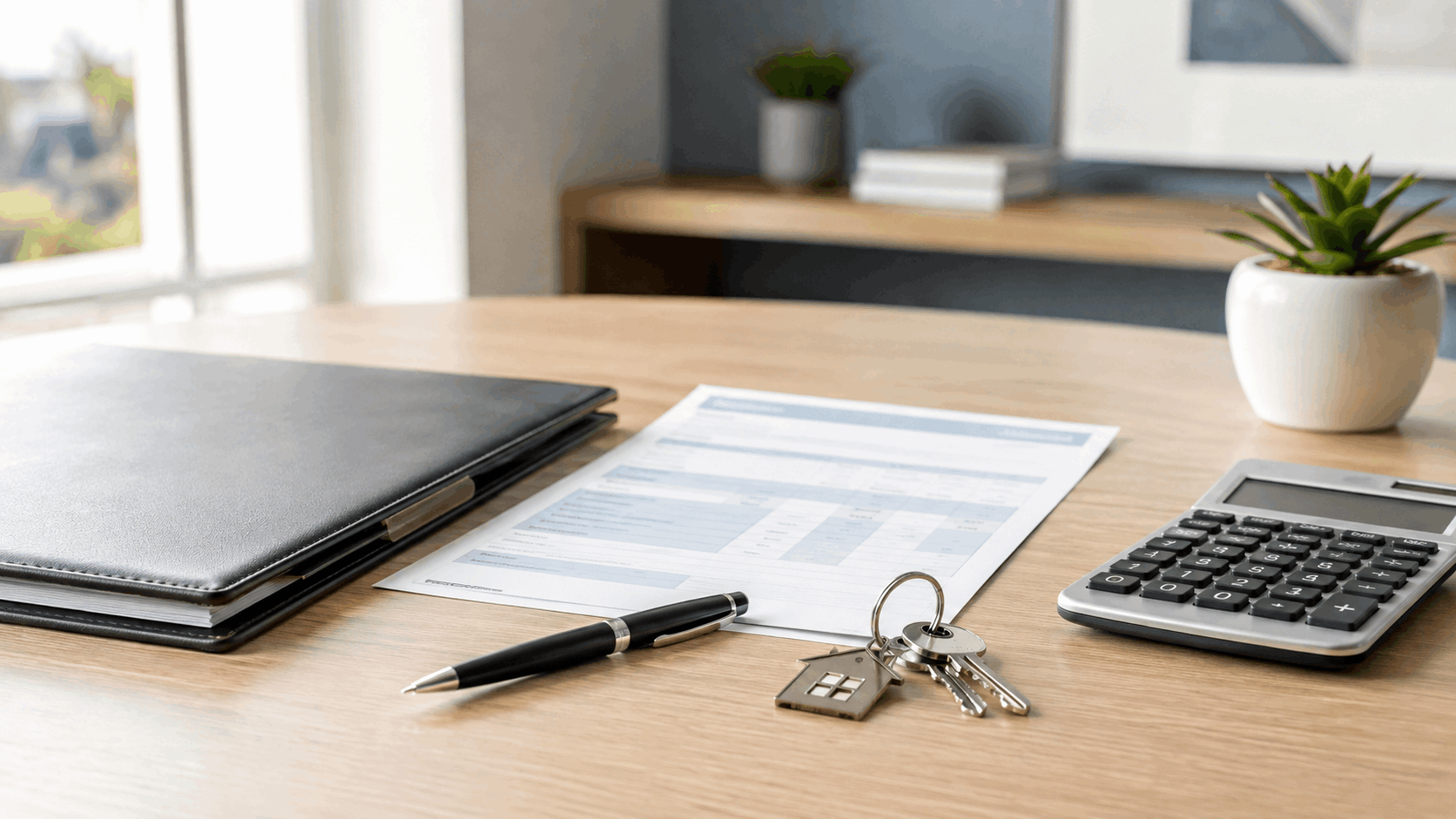 Organized New Jersey real estate closing cost breakdown with title folder, calculator, pen, and house keys on an office desk.