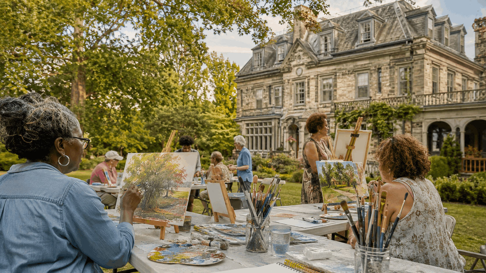 Passaic County weekend art class outside a historic mansion with painting supplies and mature trees