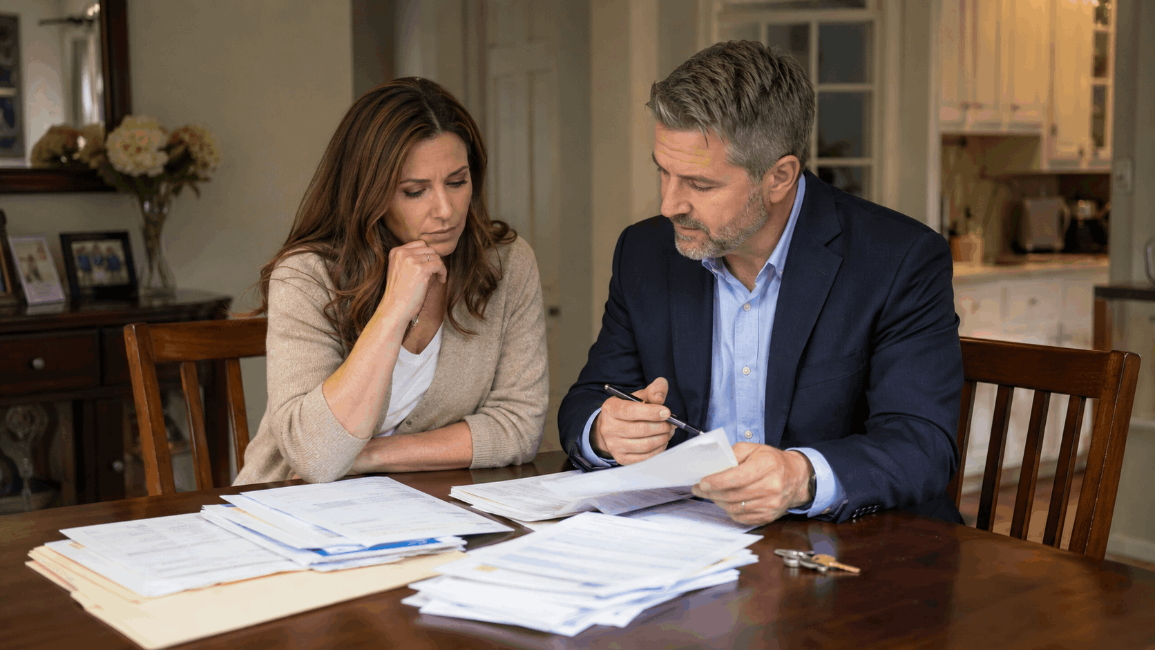 Concerned homeowner reviewing municipal bills, lien paperwork, and utility statements with a real estate professional at a dining table.