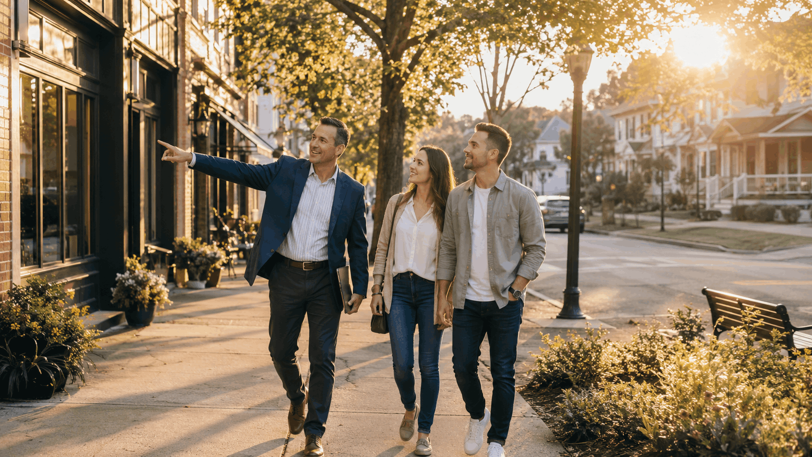 North Jersey real estate agent walking with home buyers through a downtown neighborhood near shops and homes
