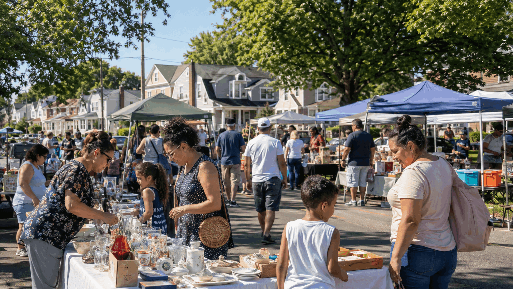 Families browsing a Clifton and Passaic weekend flea market near a neighborhood park and residential streets