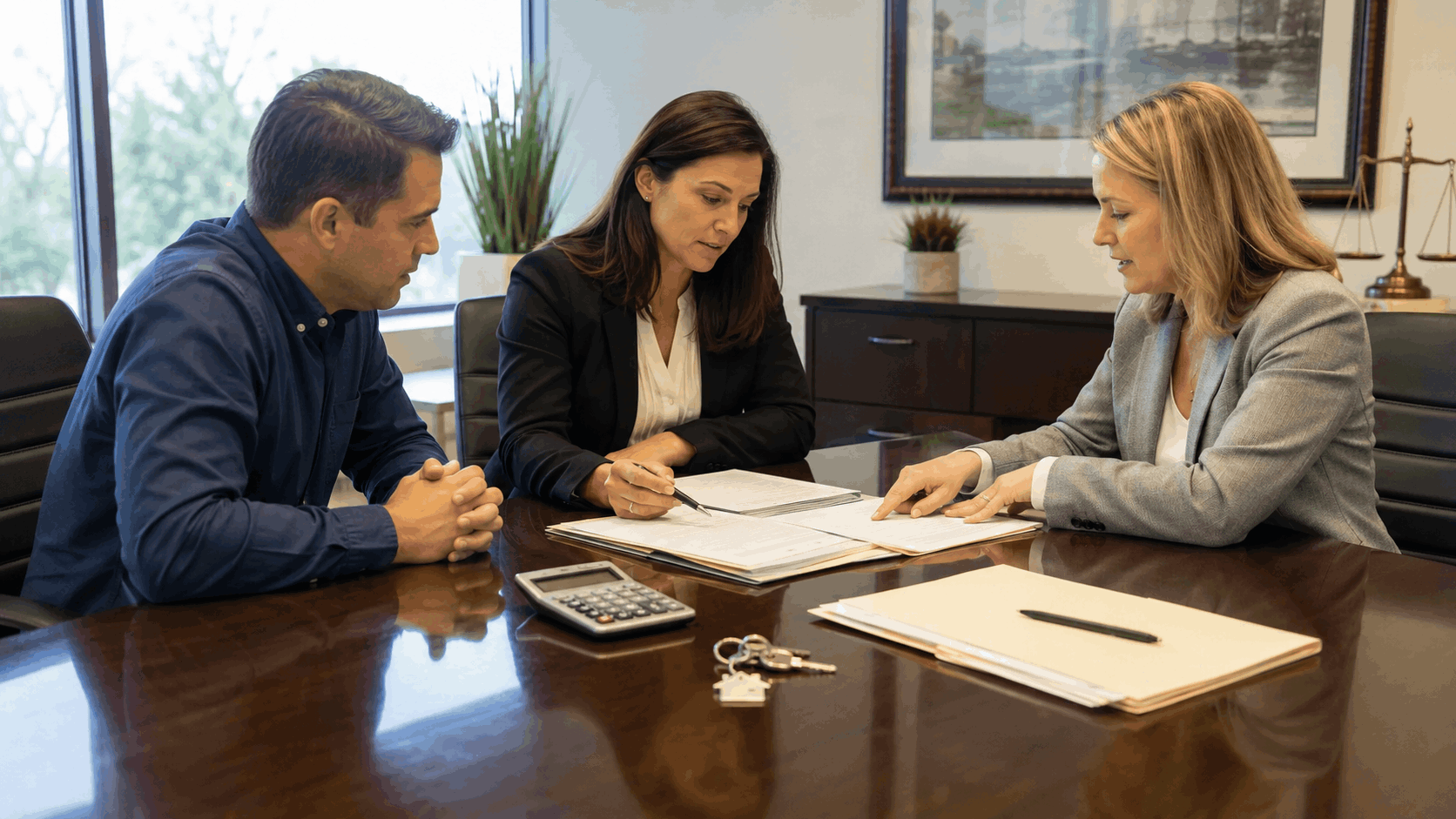 Buyer, real estate professional, and attorney reviewing a New Jersey short sale transaction with folders, calculator, and house keys.
