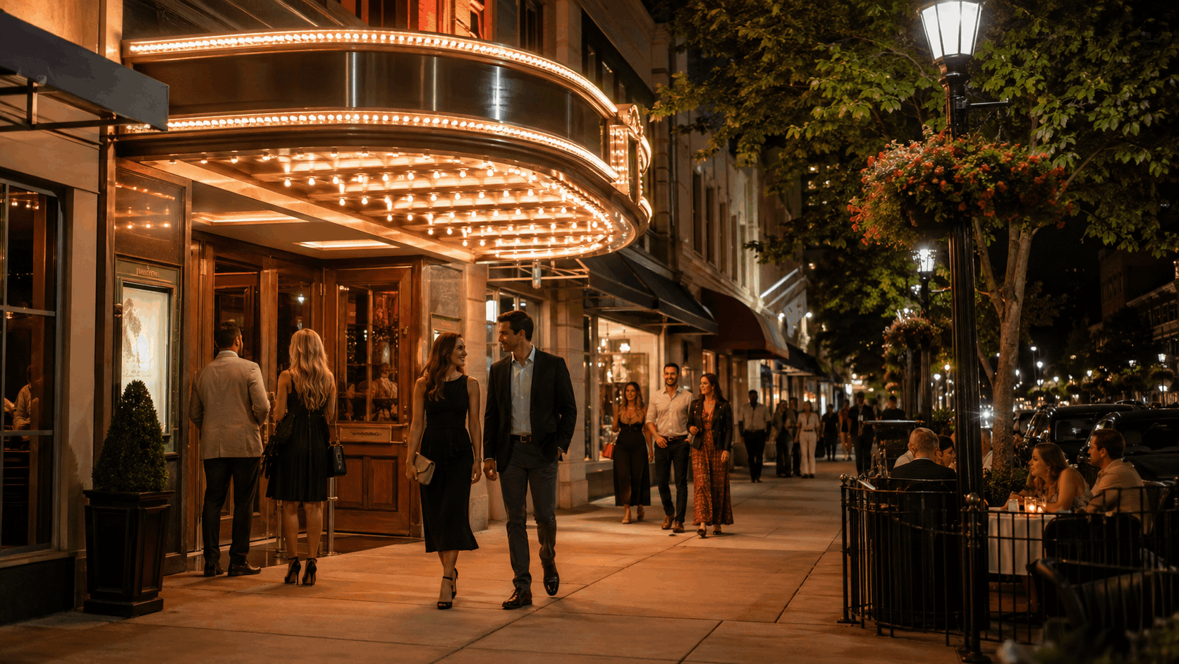 Bergen County downtown nightlife scene with couples walking near restaurants and a glowing theater entrance