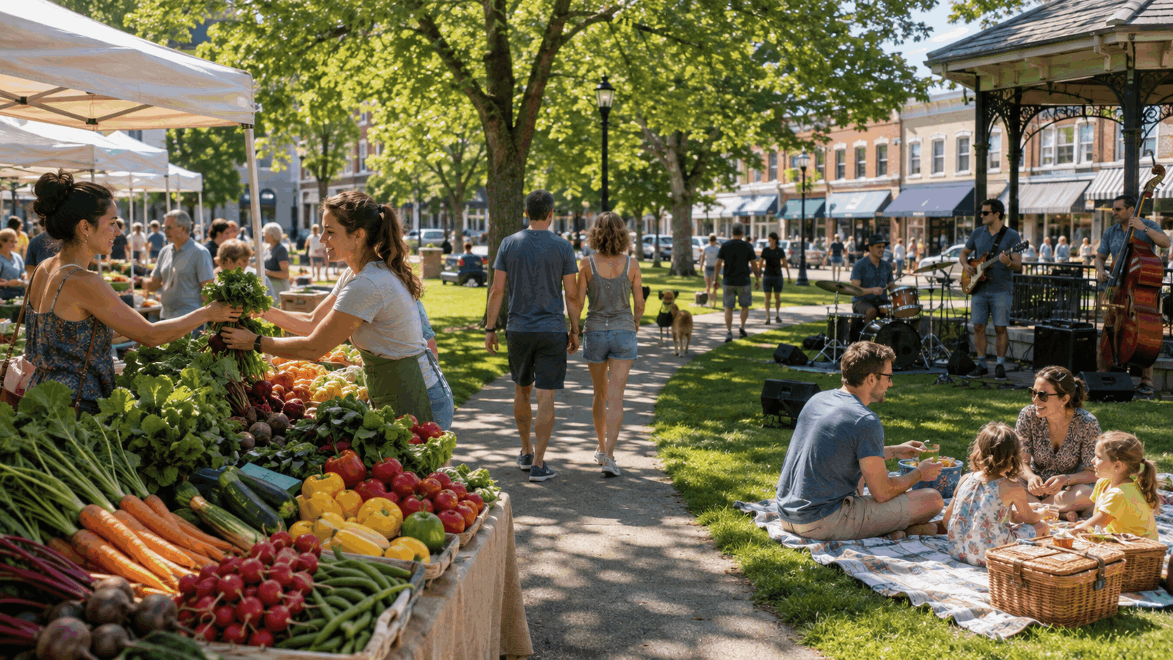 Free North Jersey weekend activities with farmers market produce, park walking path, outdoor music, and family picnic