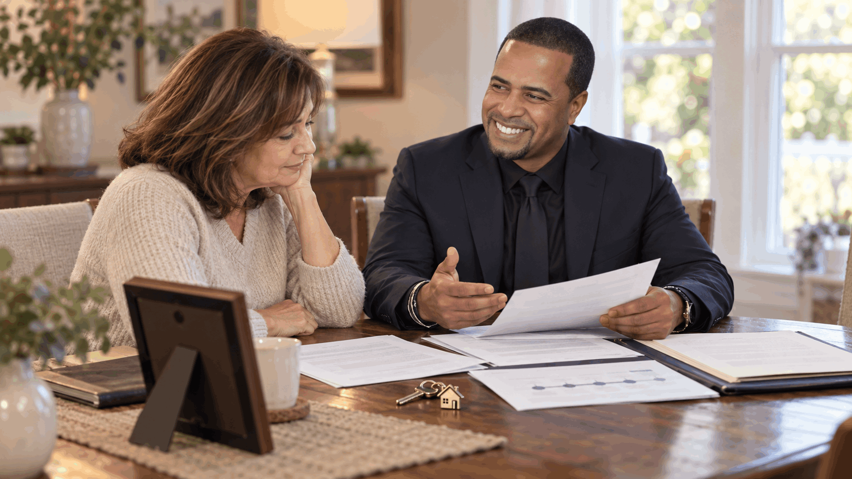 Johnny Rodriguez meeting with an executor during a North Jersey probate real estate consultation, reviewing inherited property documents, mortgage information, title paperwork, a foreclosure timeline, and house keys.