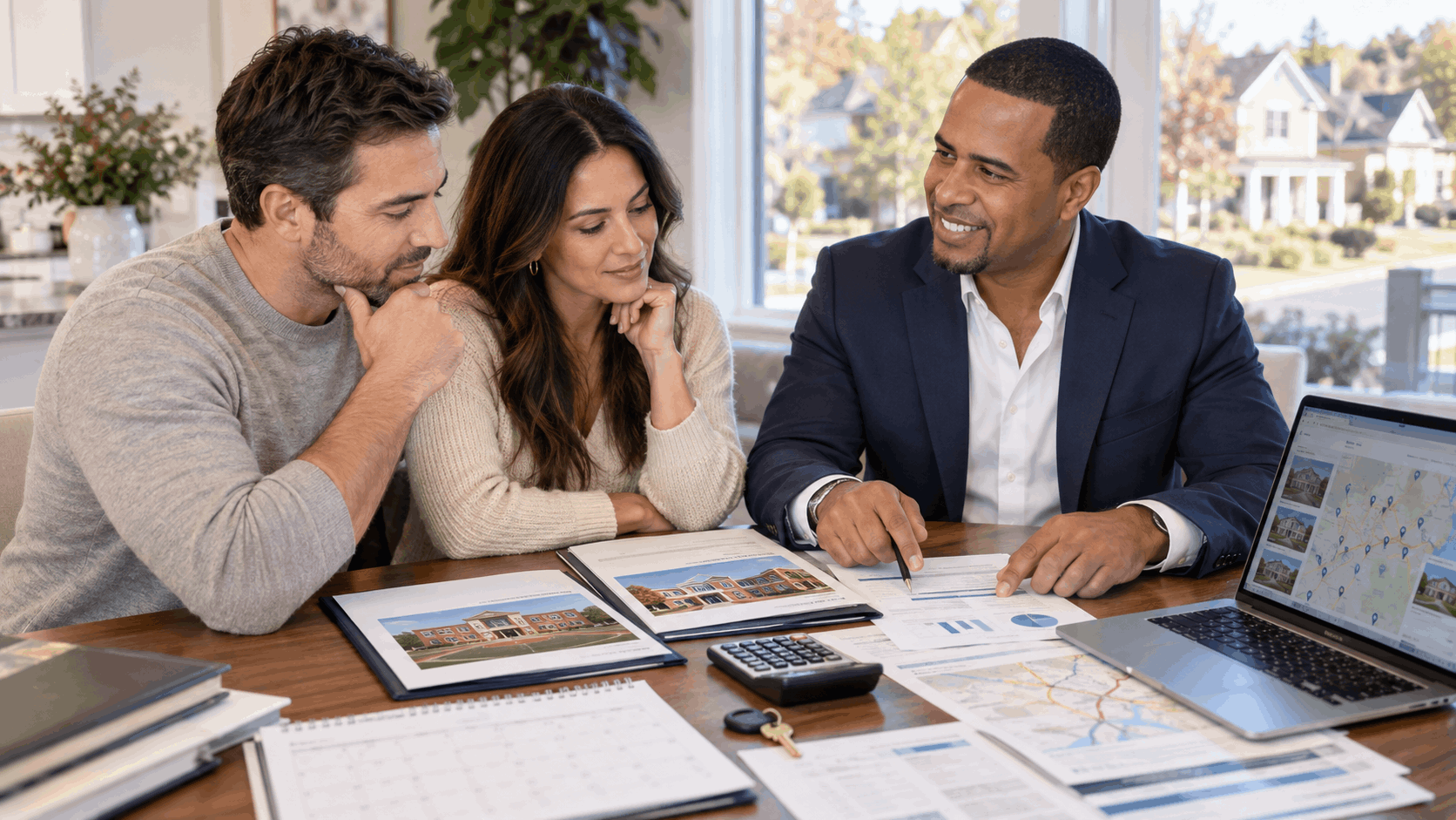 Johnny Rodriguez guiding a North Jersey couple as they compare household budgets, mortgage costs, school expenses, transportation, and homebuying decisions at a dining table.