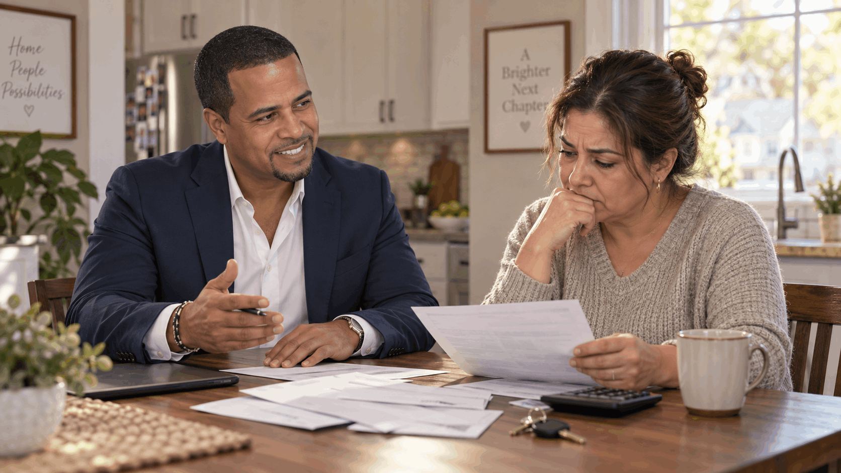Johnny Rodriguez discussing foreclosure options with a worried North Jersey homeowner at a kitchen table with mortgage papers, envelopes, a calculator, and house keys.