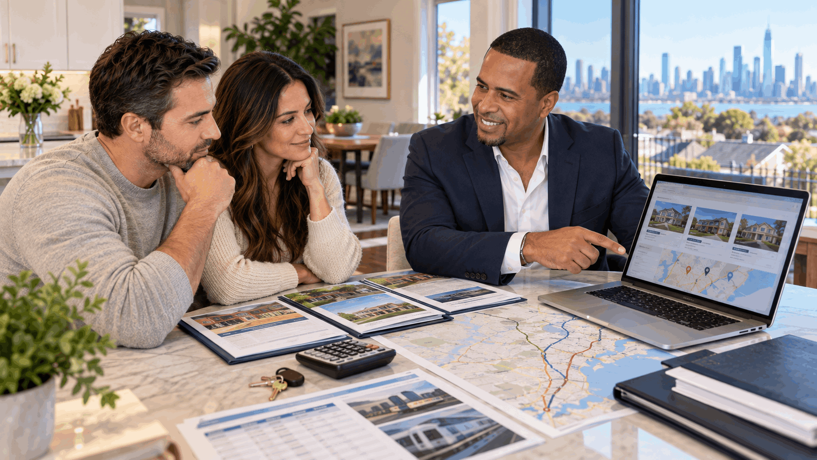 Johnny Rodriguez helping North Jersey homebuyers compare property options, commute routes, mortgage costs, and home search priorities during a real estate consultation.