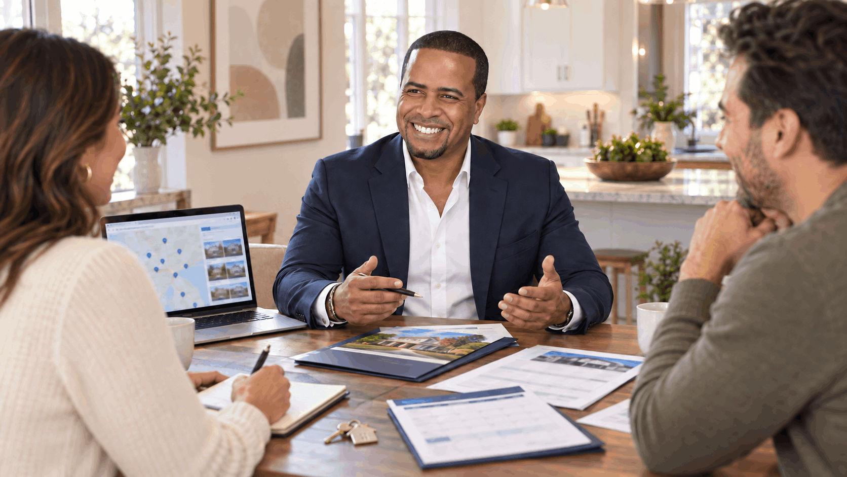 Johnny Rodriguez answering North Jersey homebuyer questions while reviewing a home search map, school information, commute planning, mortgage estimates, and house keys at a kitchen table.