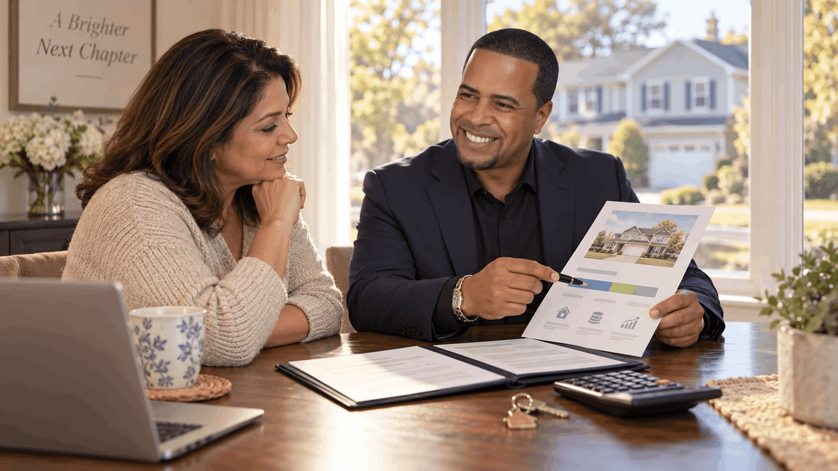 Johnny Rodriguez reviewing home equity with a North Jersey homeowner at a dining table with a house valuation sheet, mortgage folder, calculator, and house key.