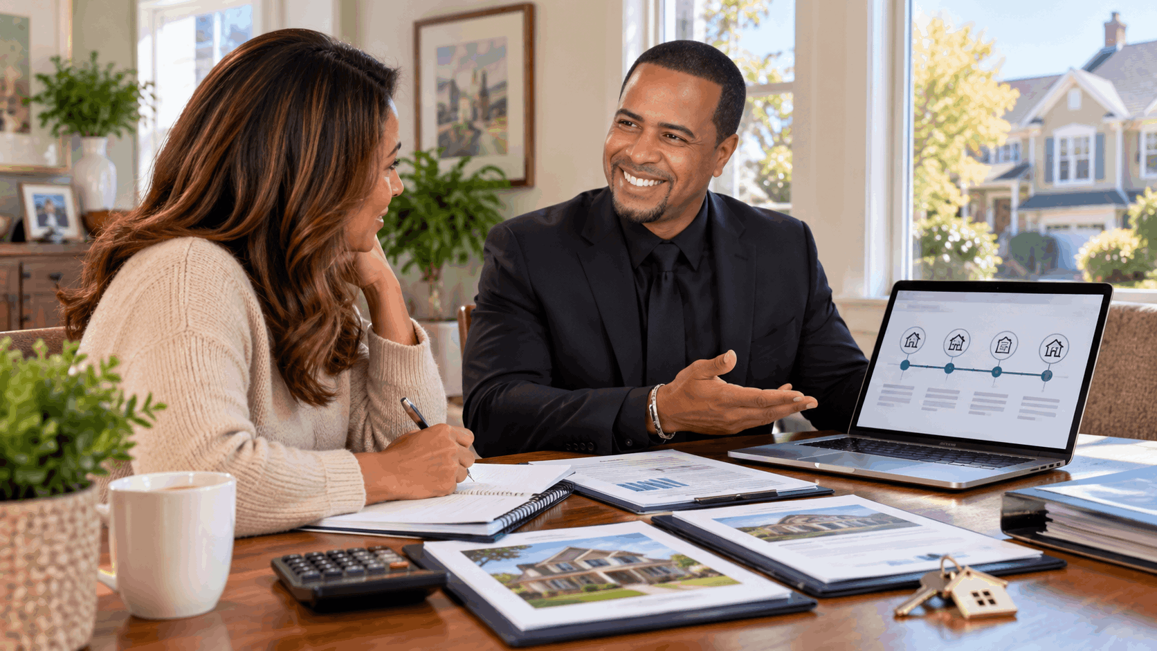 Johnny Rodriguez answering a North Jersey homeowner’s foreclosure questions while reviewing a timeline, home valuation, mortgage documents, notes, and house keys.