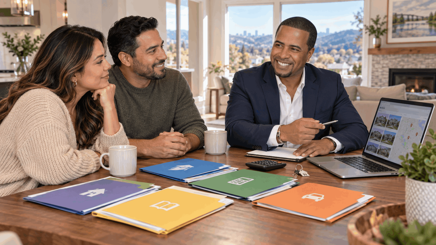 Johnny Rodriguez meeting with North Jersey homebuyers during a school and home fit consultation, reviewing folders for education needs, household costs, commute, future flexibility, and school verification at a bright kitchen table.