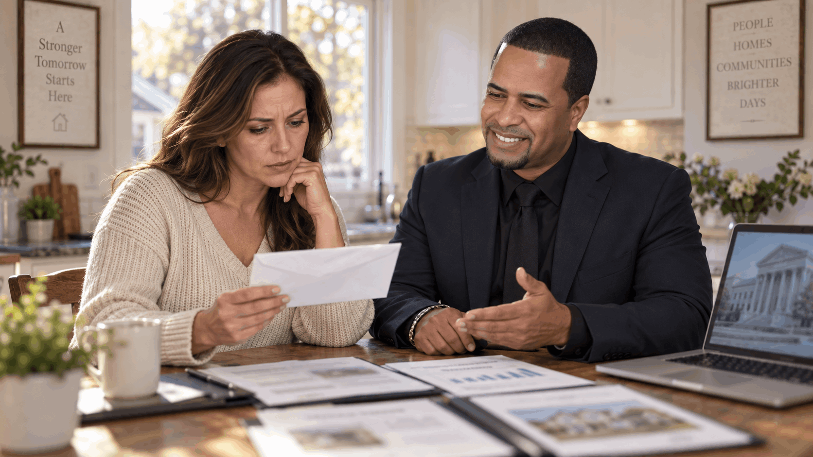 Johnny Rodriguez reviewing foreclosure options with a North Jersey homeowner opening a formal notice at a kitchen table beside property valuation documents and a courthouse image.