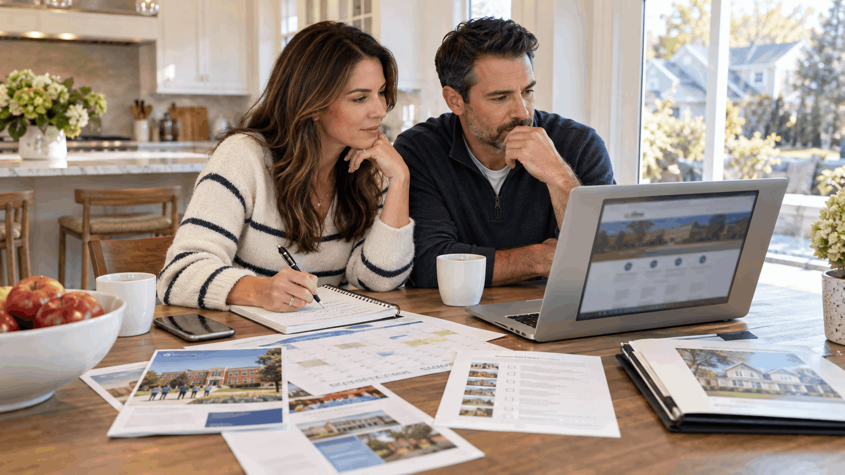 North Jersey parents researching school options, district information, calendars, and home search details while preparing for a school tour and future home purchase.