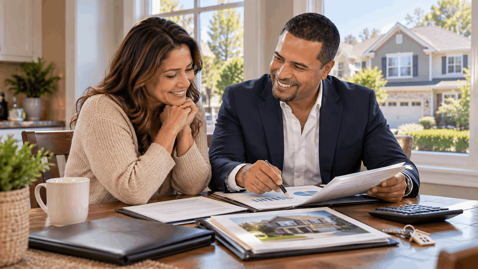 Johnny Rodriguez reviewing estimated home sale proceeds and equity with a North Jersey homeowner before foreclosure progresses further, with valuation documents, mortgage payoff information, calculator, and house keys.