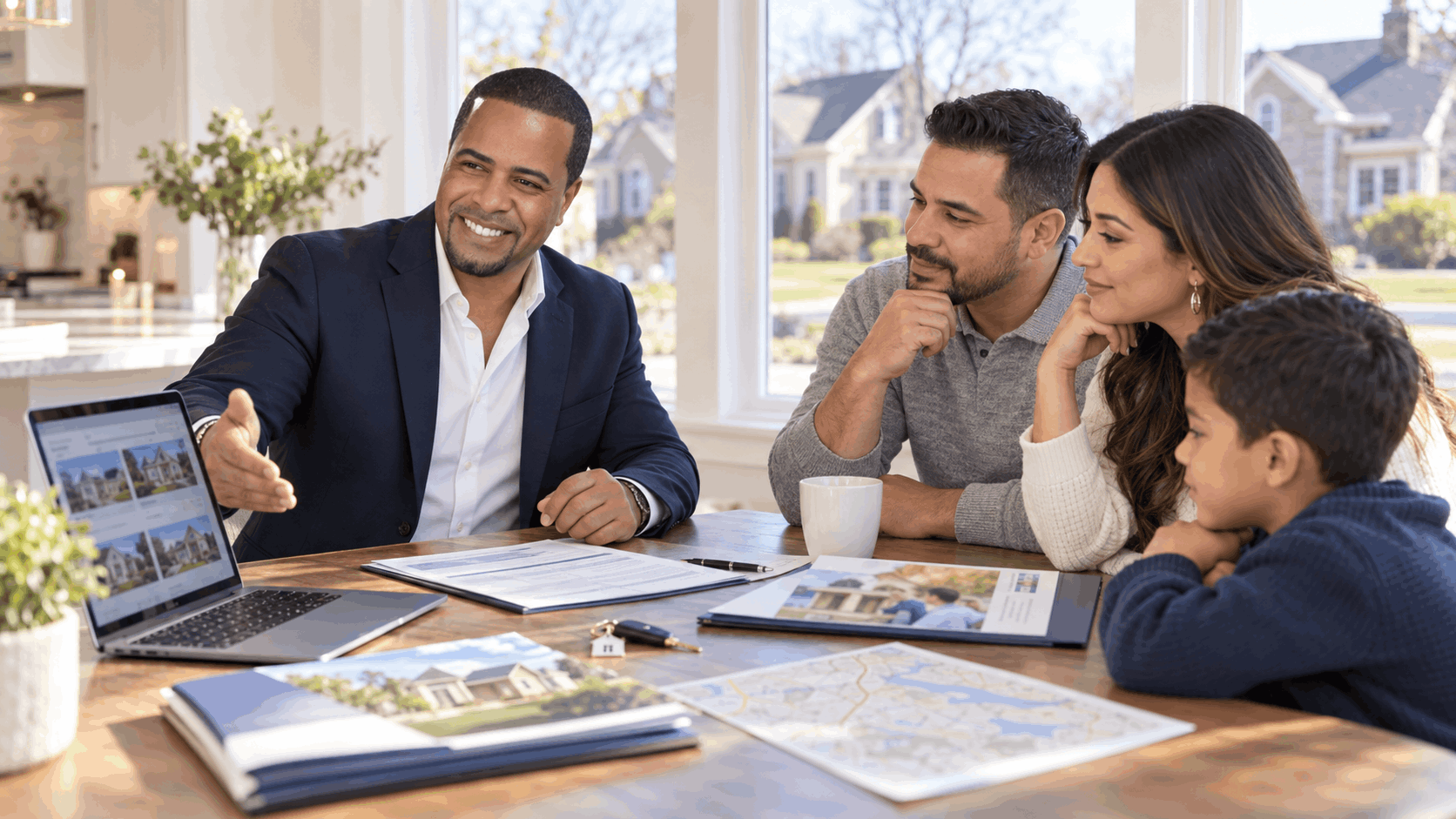 Johnny Rodriguez meeting with a North Jersey family at a kitchen table, reviewing home search options, school information, mortgage estimates, and commute details during a homebuying consultation.