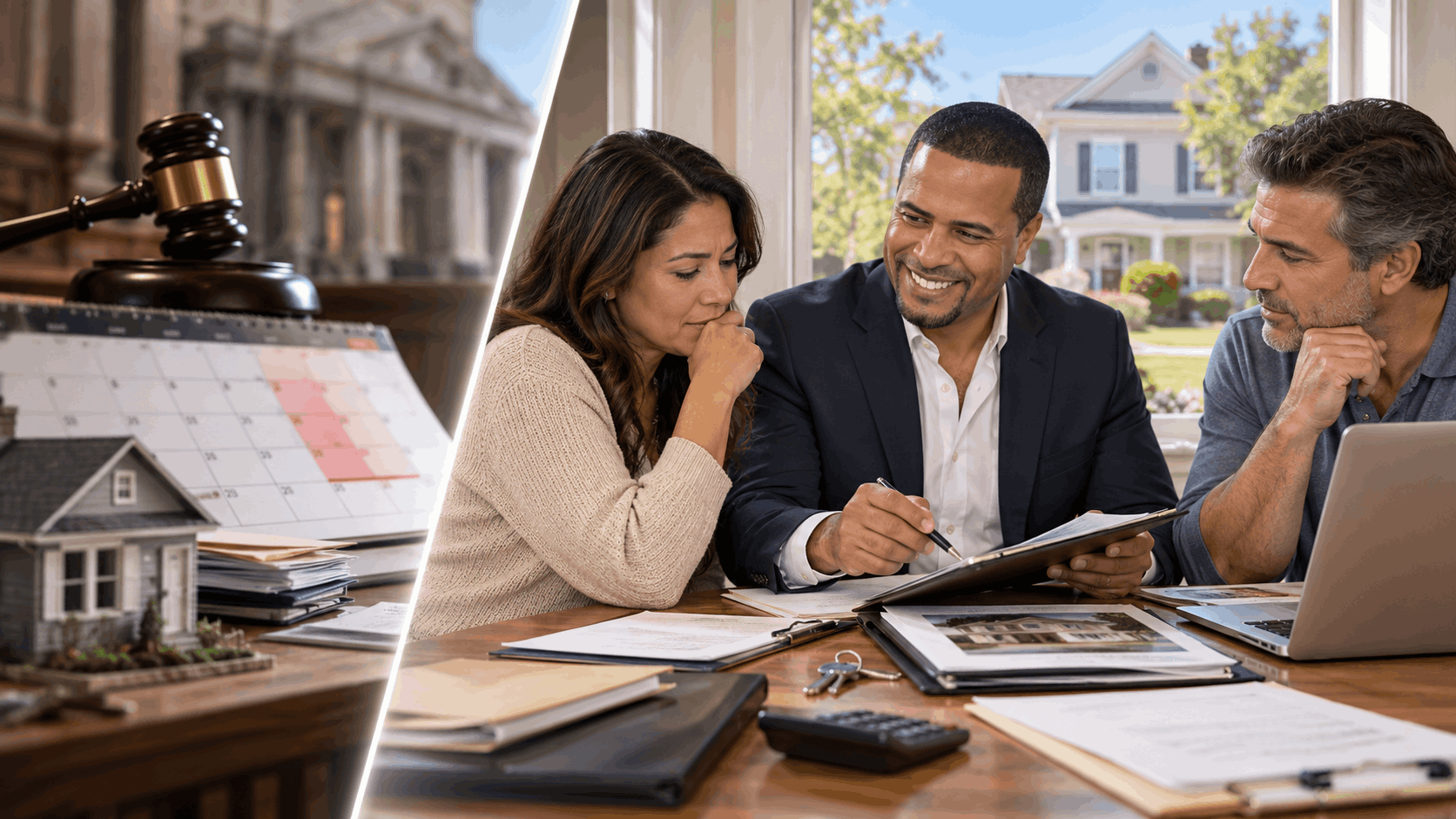 Johnny Rodriguez helping North Jersey homeowners review a home sale plan before a foreclosure deadline, with a calendar, legal papers, property documents, calculator, and house keys.