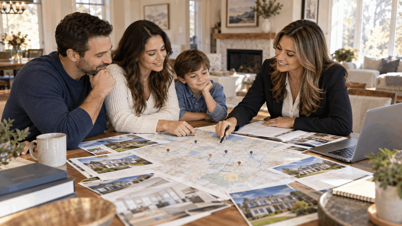 North Jersey homebuyers and a real estate agent comparing Passaic County communities on a large map with home photos and price notes during a home search consultation.