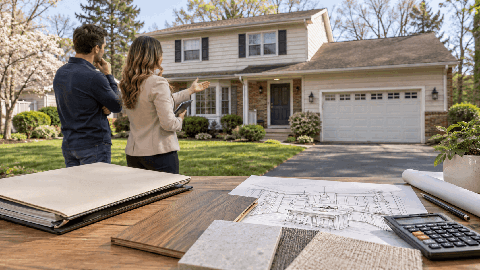 North Jersey buyer and real estate agent evaluating a dated North Haledon home with renovation plans, flooring samples, calculator, and improvement sketches in natural daylight.