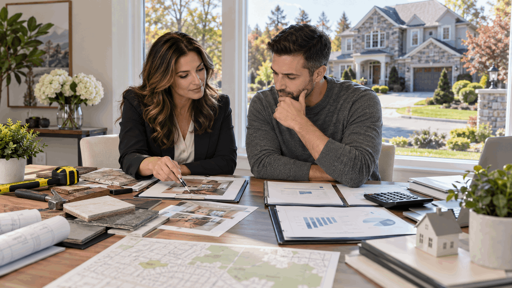 North Jersey investor and real estate agent comparing renovation and long-term equity strategies for a North Haledon home with planning materials and calculator.