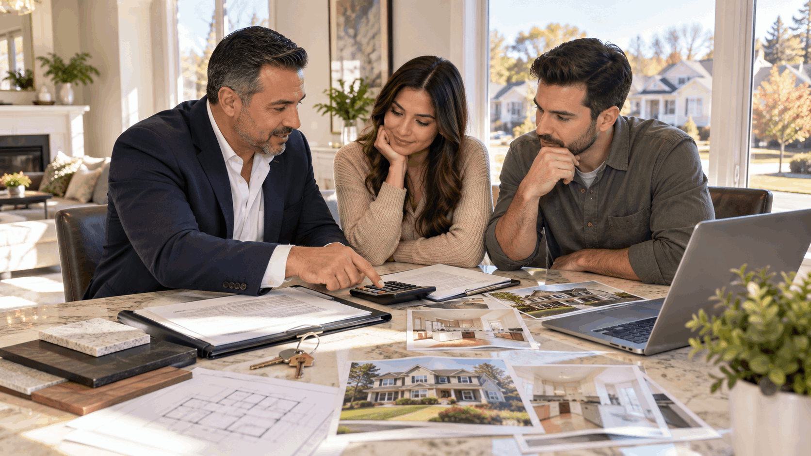 North Jersey real estate agent reviewing home investment costs, repairs, comparable sales, financing, and resale value with buyers at a kitchen table.
