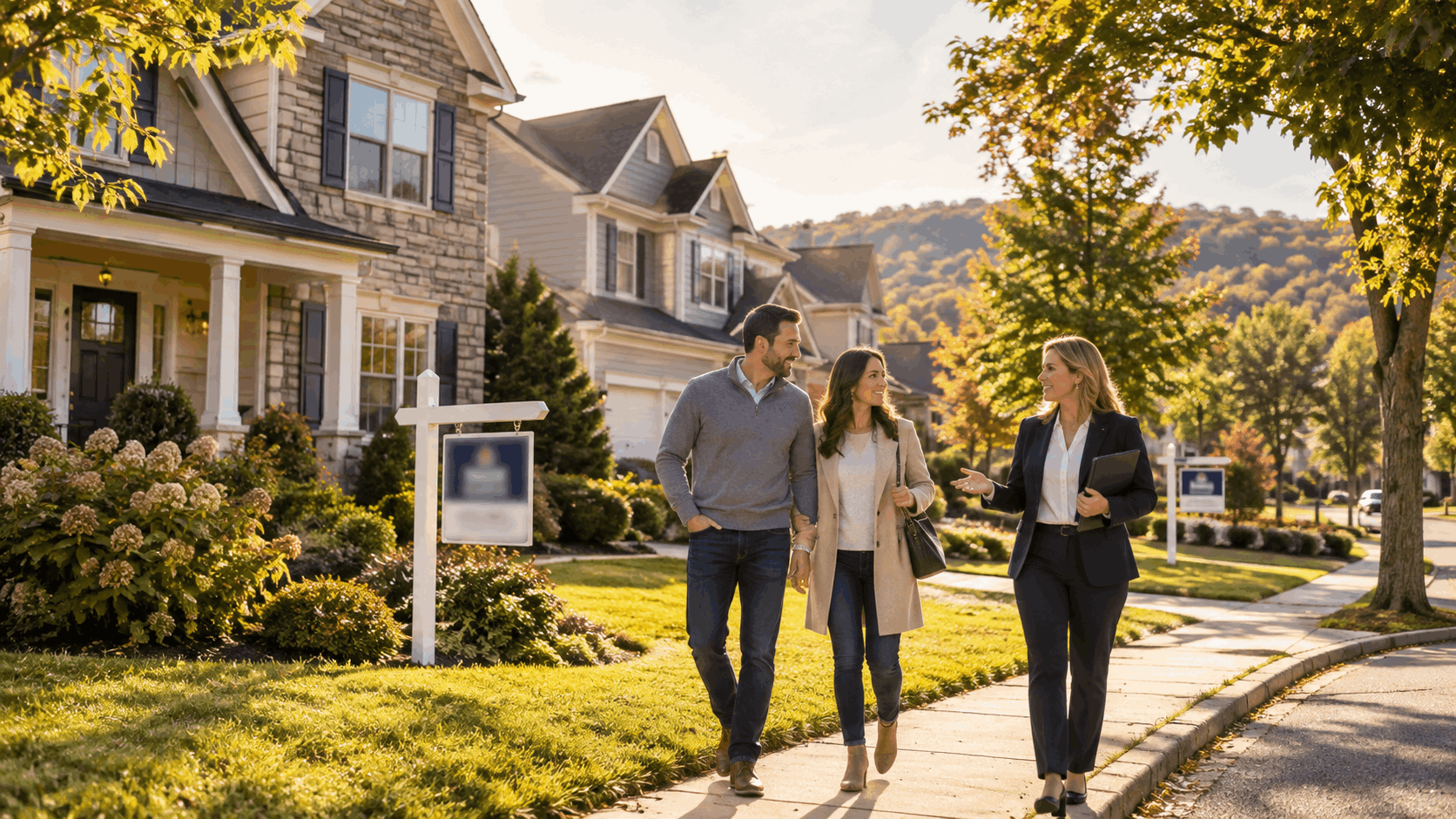 North Haledon NJ homebuyers walking with a real estate agent on a tree-lined suburban street with a few homes for sale in late-afternoon sunlight.