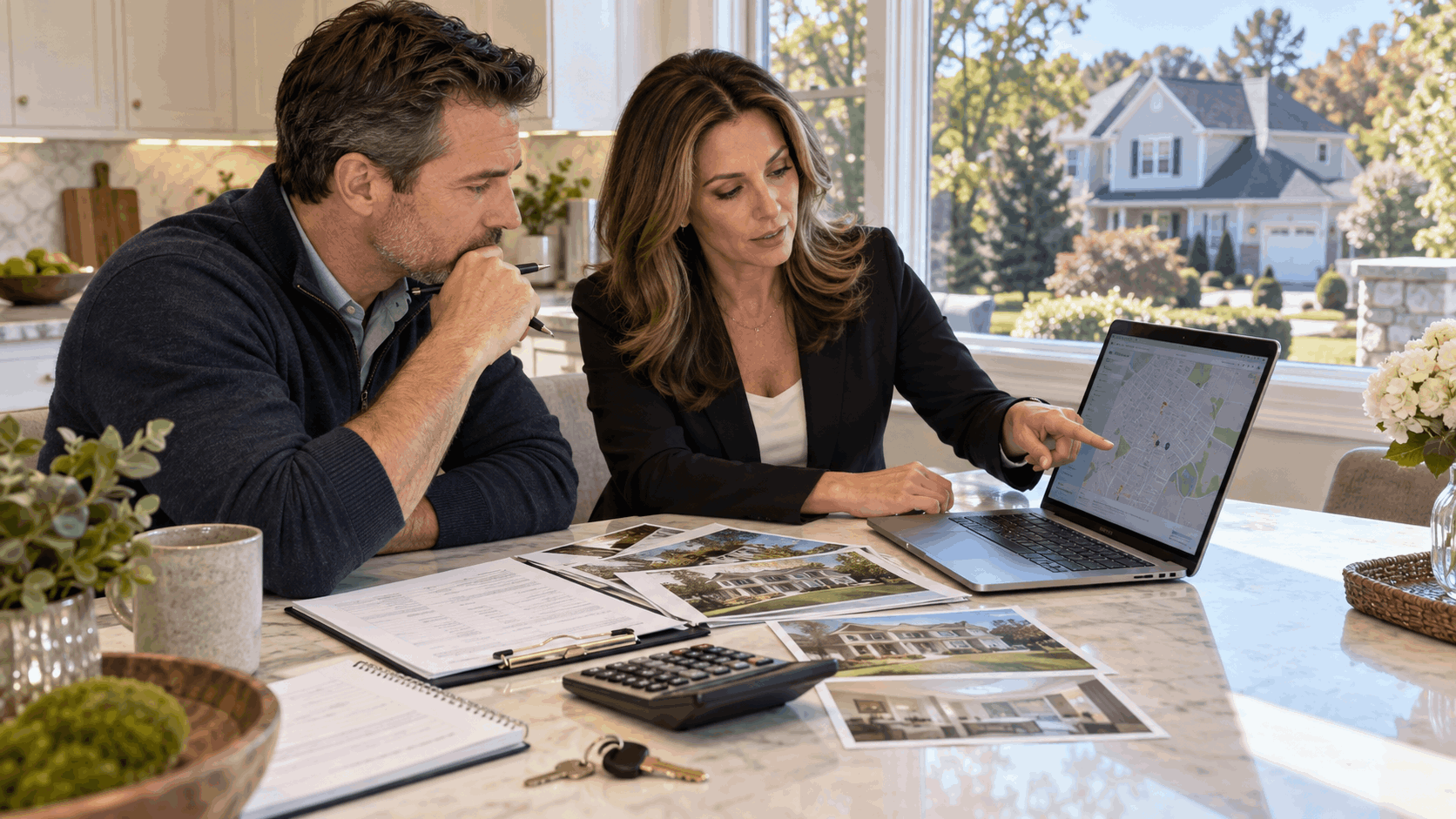 North Jersey real estate investor meeting with a local agent to review a North Haledon property investment, with laptop map, calculator, property photos, mortgage worksheet, and house key on a kitchen table.