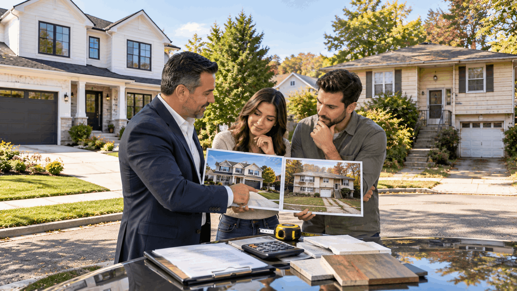 North Jersey buyers comparing a move-in-ready home and a fixer-upper with a real estate agent, renovation estimate, and calculator in a sunny suburban neighborhood.