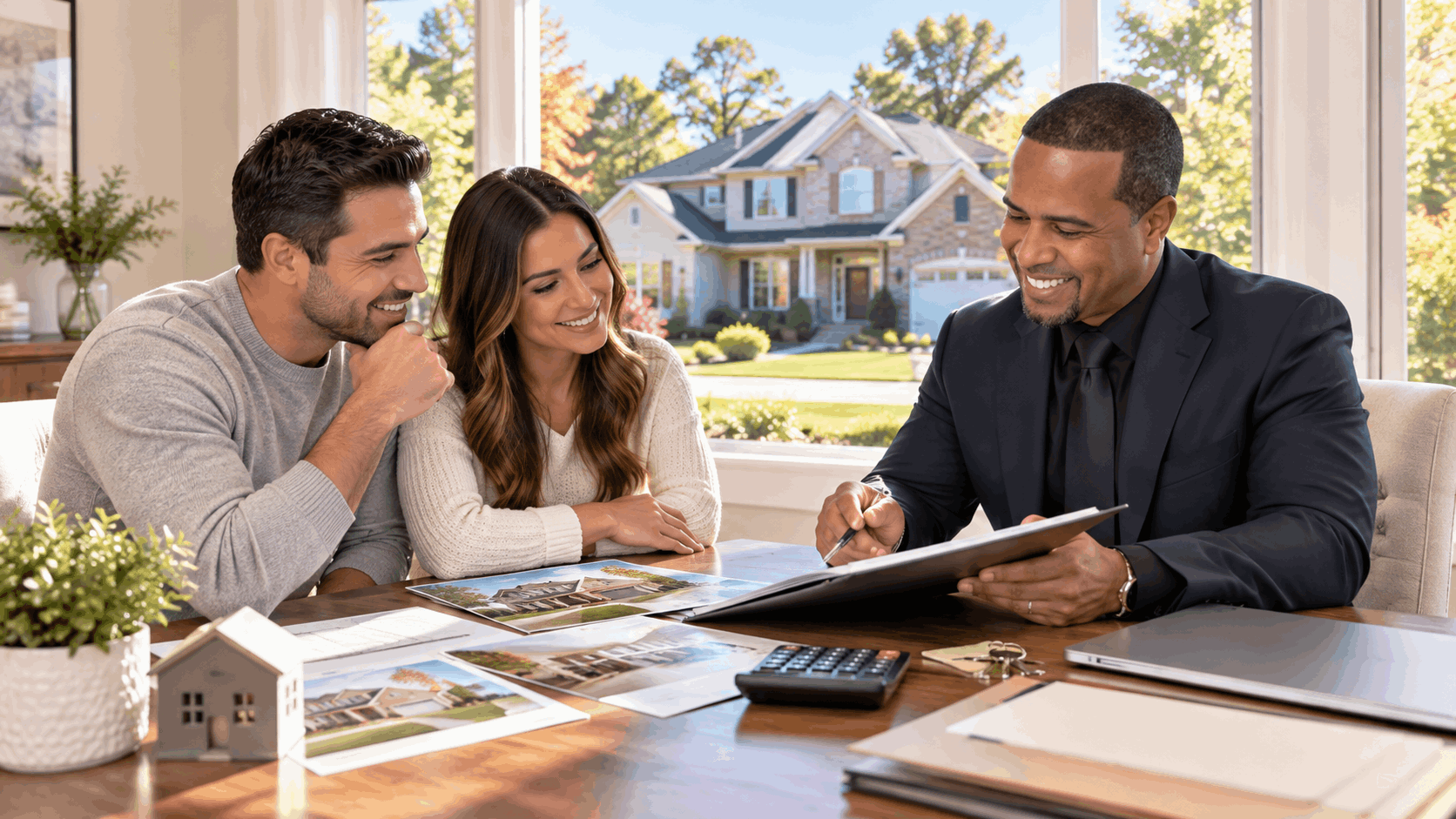 North Jersey homebuyers completing a real estate strategy consultation with a local agent, reviewing a home-buying plan, calculator, and house key with a North Haledon-style home in the background.