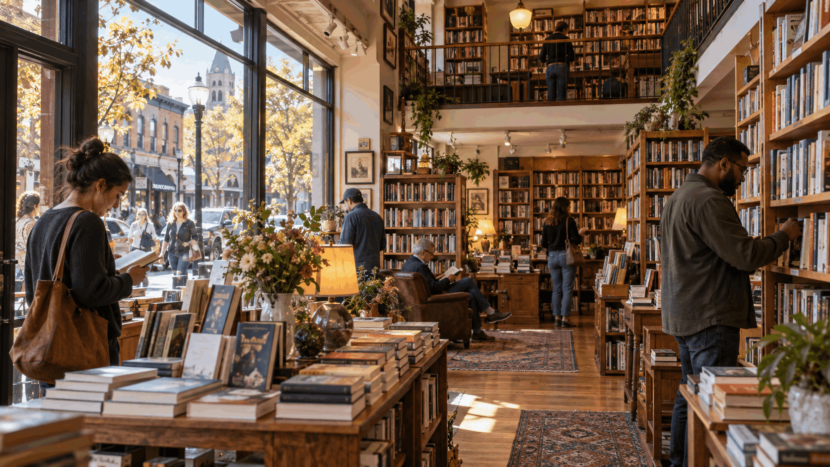 Cozy independent bookstore in downtown Montclair, New Jersey with multi-level bookshelves, customers browsing books, warm wood interiors, and a lively walkable streetscape outside.