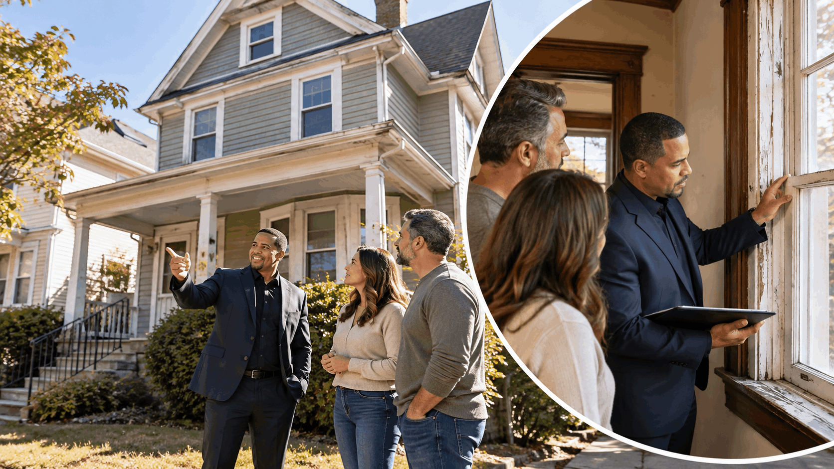 Older North Jersey home with a real estate agent, homeowner, and inspector reviewing aged window trim and interior woodwork during an as-is home sale.