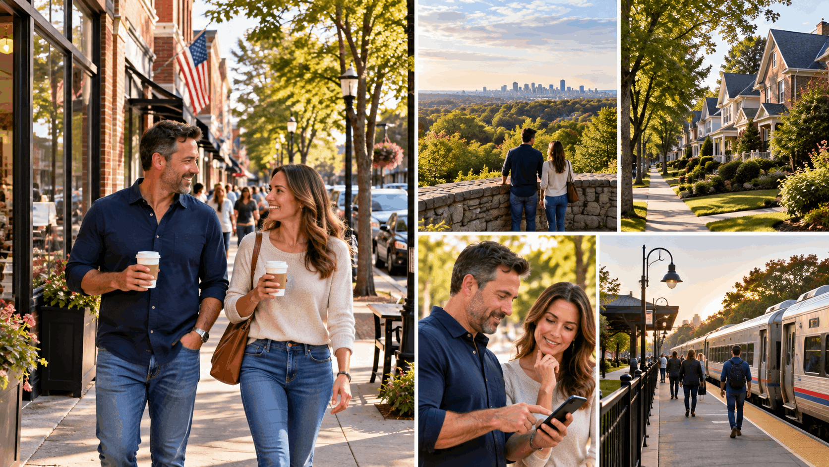 Couple exploring a North Jersey town by walking downtown, visiting a local park, touring residential neighborhoods, and checking commute options near a train station before deciding where to live.