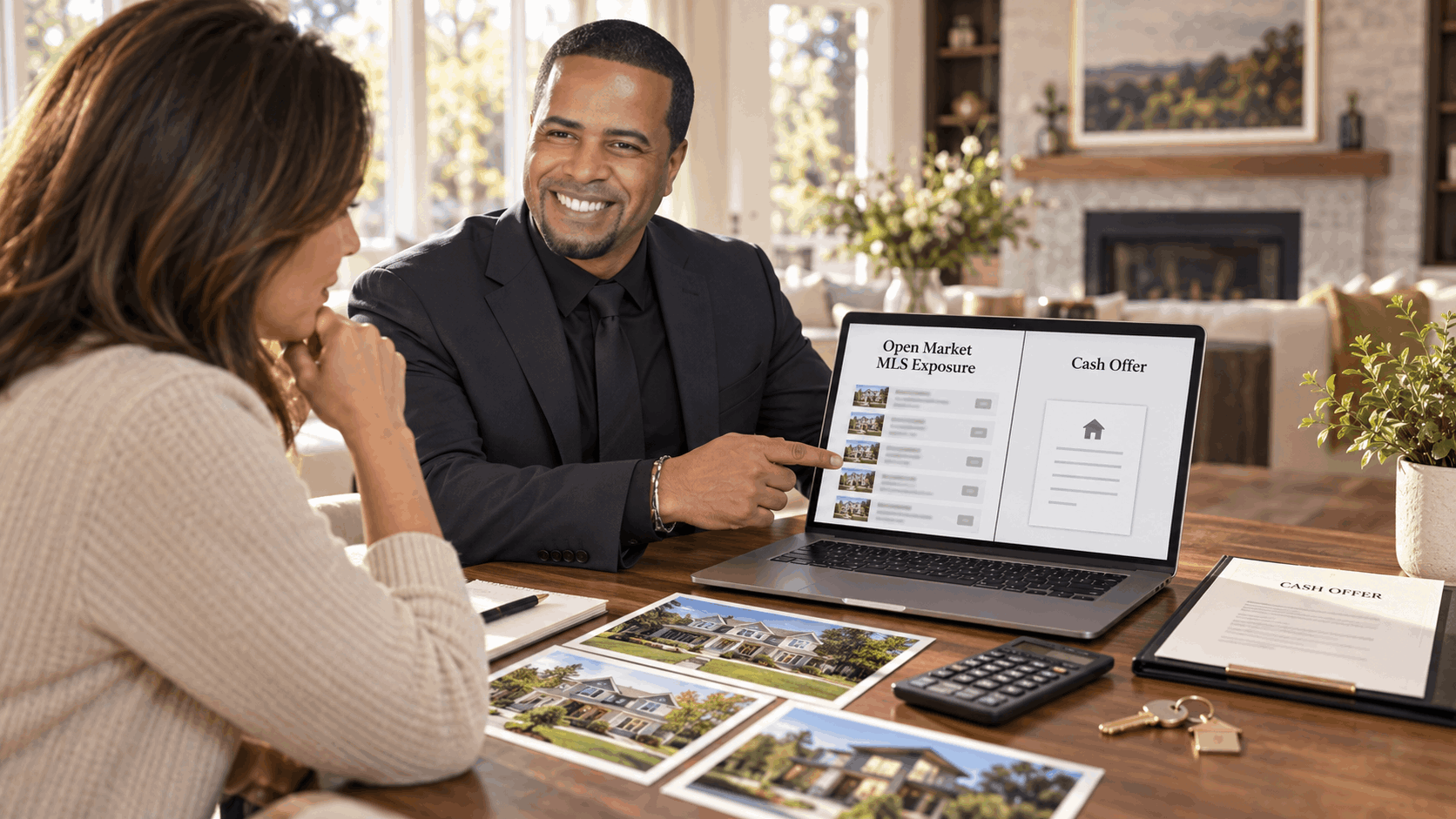 North Jersey homeowner reviewing two home-selling options with a real estate agent, comparing open-market MLS exposure and a cash offer using a laptop, property photos, calculator, and house key.