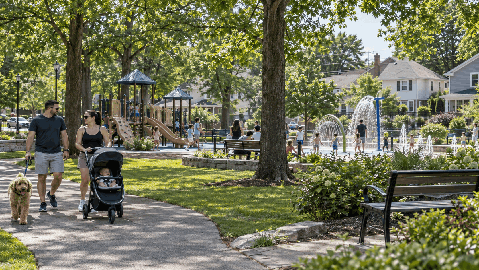 Family-friendly neighborhood park in Clifton, New Jersey with walking paths, playground and splash-area features, mature trees, green lawns, and nearby residential homes.