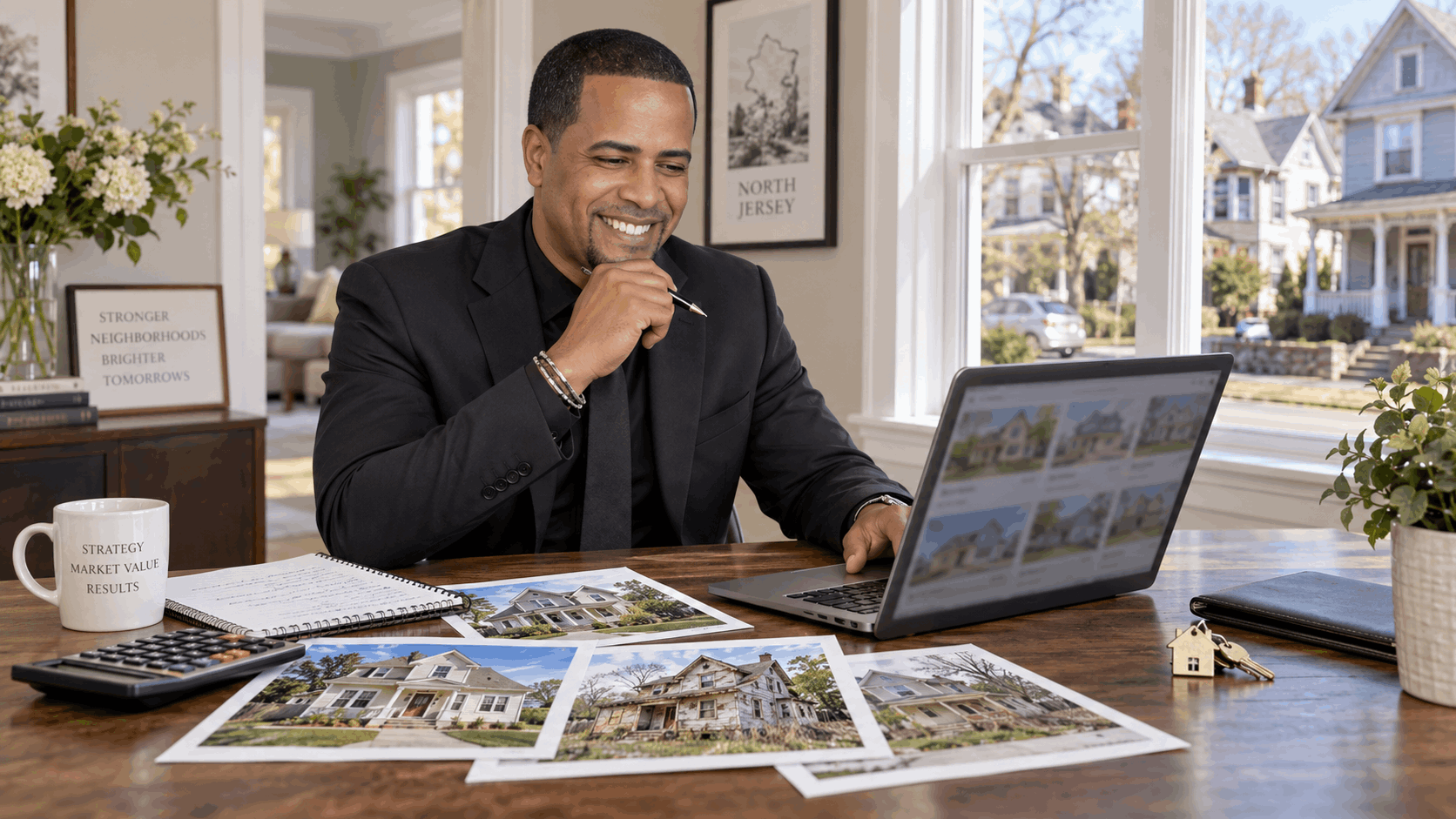 North Jersey real estate agent evaluating an older as-is property using comparable home sales, property photos, a calculator, notebook, and house key to help determine the right listing price.